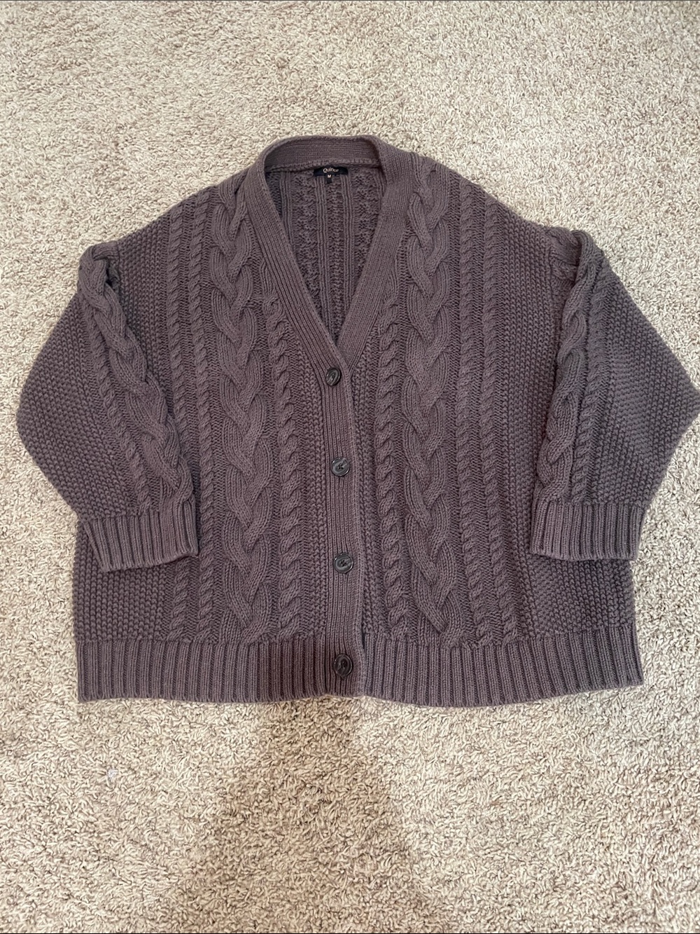 Quince Oversized Cable-Knit Button Cardigan - Heather Brown